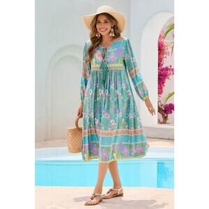 R.Vivimos Medium Floral Print Retro V Neck Tassel Bohemian Midi Dresses NWT